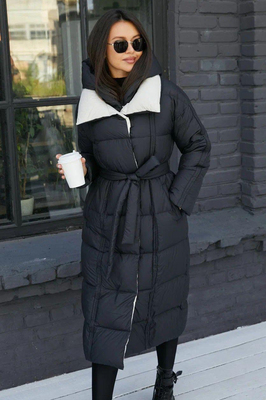 Длинный пуховик 2025-2026 с капюшоном черный